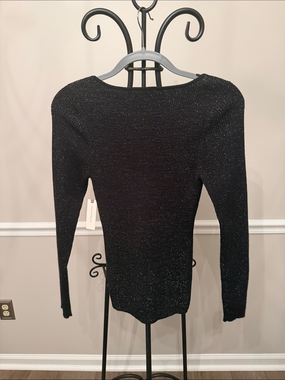 Anthropologie Black Metallic Shimmer Knit V-Neck Sweater Top NWT Medium M - Picture 6 of 7